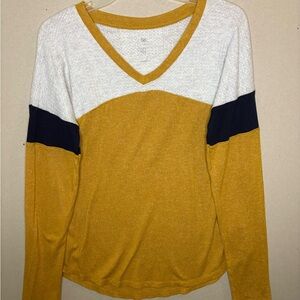 SO Mustard, White, and Black Long Sleeve V-Neck Top